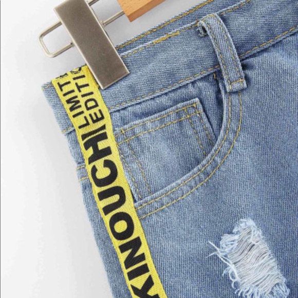 Distressed Denim Shorts with Yellow - Picture 4 of 5